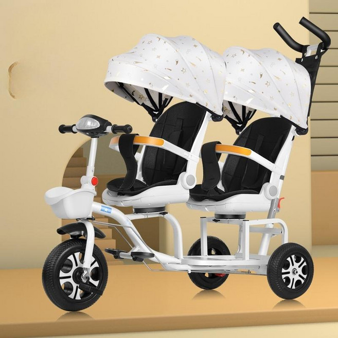 유아세발자전거 유모차자전거 2인용 쌍둥이 세발, 화이트, 1개