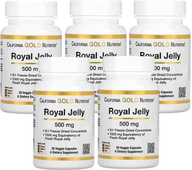 캘리포니아골드뉴트리션 로얄 젤리 농축 및 동결 건조 500 mg 30 식물성 캡슐, 5개, 30정 - 쿠팡