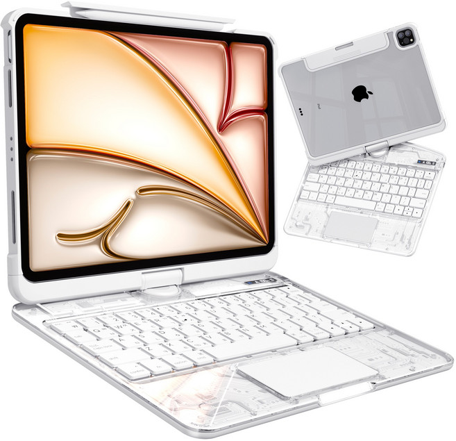 AITEWO 아이패드 키보드 케이스 일체형 360도 회전 다각도 조절 투명 케이스 트랙패드 펜슬수납 에어4/5/6/7세대 10.9/11인치 프로1/2/3/4세대 12.9/13인치, 투명 화이트