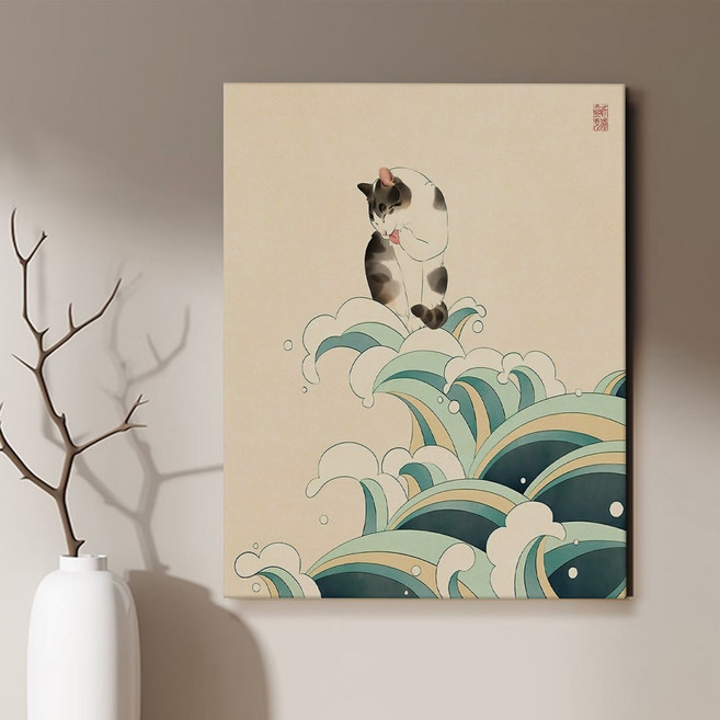 현대 민화 춘묘도 고양이 카페 거실 인테리어 캔버스 그림액자 9종 집들이 선물 고양이그림, 06.파도춘묘