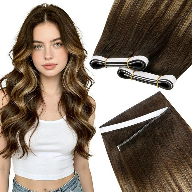 LaaVoo Tape in Weft Hair Extensions Genius Tape Weft Extensions Ombre Dark Brown to Blonde Invisib, #4/4/27, 20 Inch-50G
