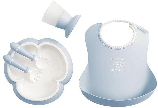 BabyBjörn 베이비 디너 세트 5개 파우더 핑크 베이비 플레이트 베이비 포크 베이비 스푼 베이비 컵 포함 식기 세척기 사용 가능 자가 수유 또는 아기 주도, 파우더 블루