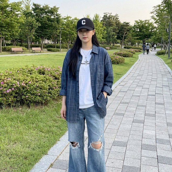 여성용 루즈핏 오버핏 데일리 체크셔츠