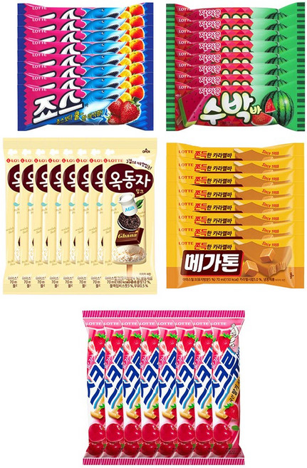 바 아이스크림 5종 상품 세트 구성 (죠스바 / 수박바 / 스크류바 / 옥동자 / 메가톤바), 40개, 75ml