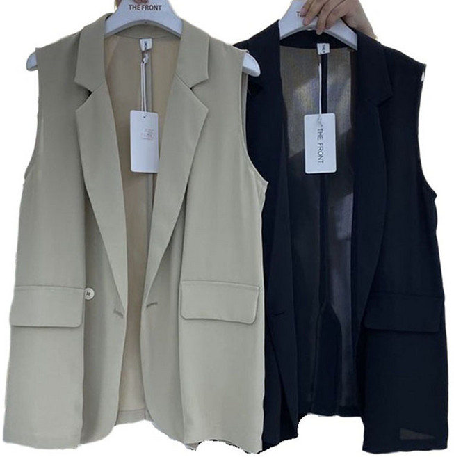 빅사이즈 터틀넥 깨끗한 버튼 조끼 여성 여름 얇은 민소매 정장 순색 패치 수수한 도시적이 성숙한 코트