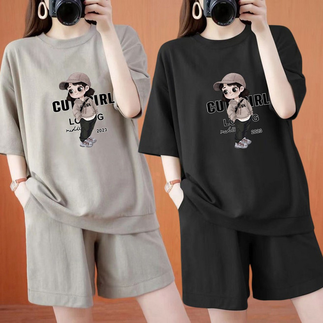 로르카 여성 라운드넥 캐릭터 프린트 반팔 티셔츠 + 밴딩 반바지 루즈핏 캐주얼 트레이닝복세트 D01032031