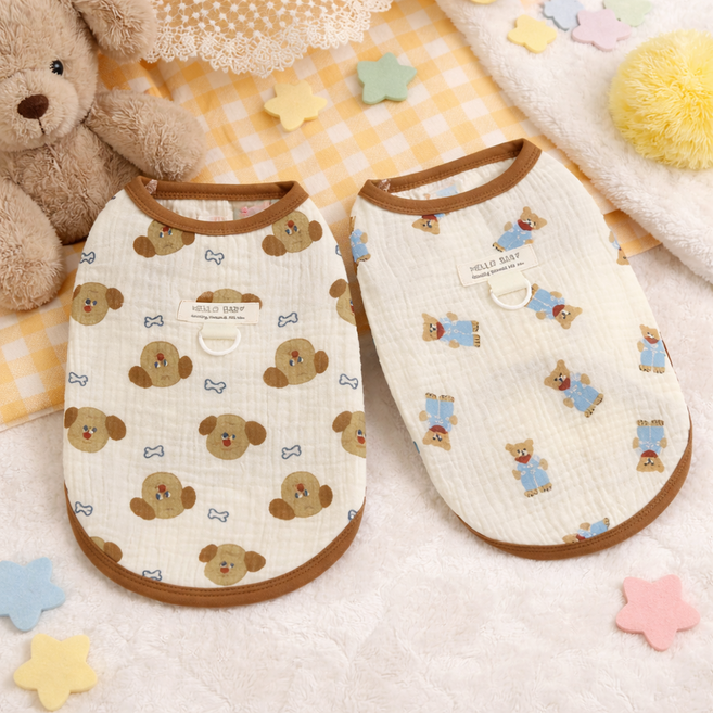 멍담 강아지 거즈 실내복 하네스 배색 티셔츠, 1개, 강아지패턴