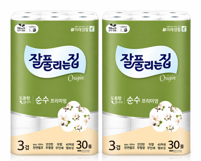 잘풀리는집 화장지 도톰한 3겹 엠보싱 궁, 30m, 30롤, 2개