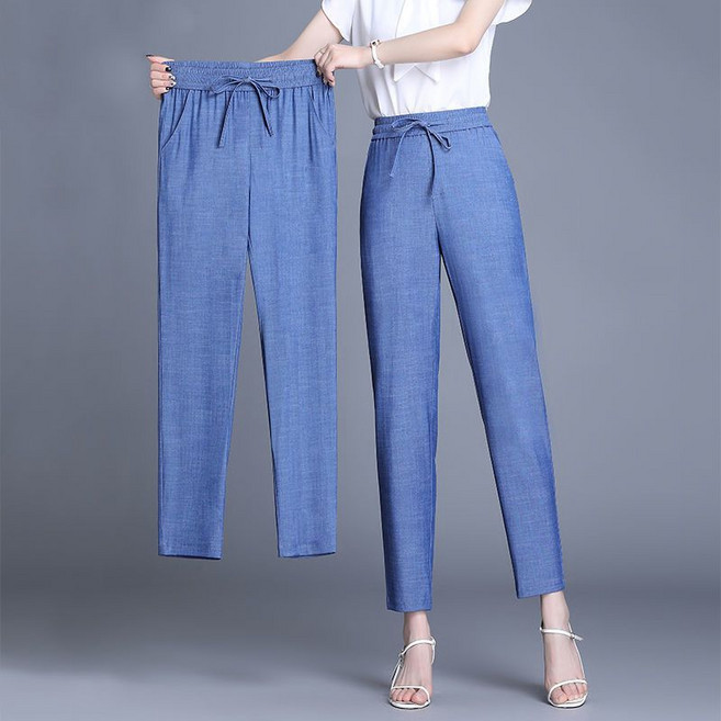 중년여성 스판 밴딩 와이드 청바지 여름 얇은 하이웨스트 50대 루즈핏 9부 배기팬츠 빅사이즈