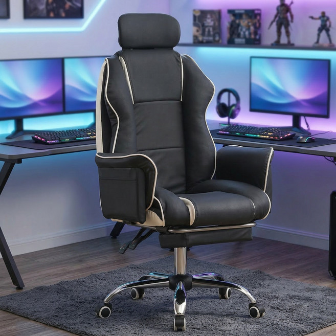 Takata 사무용 의자 사장님 의자 인체공학 높이조절 헤드레스트 게이밍 의자, 블랙