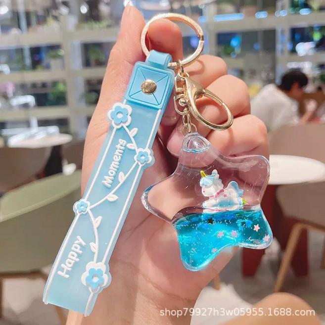 彩珠兔兔流沙吊飾 胖兔子流沙瓶鑰匙圈 壓克力彩珠吊飾 可愛鑰匙扣 包包吊飾, 矽膠五星獨角獸（藍）, 1個