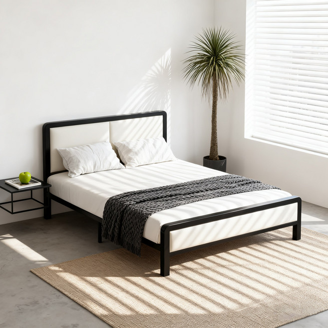 BIIMTEE [퀵배송] 헤드형 소프트 패브릭 철제 침대 프레임 등과 머리에 닿는 편안함 (매트리스 미포함), 블랙