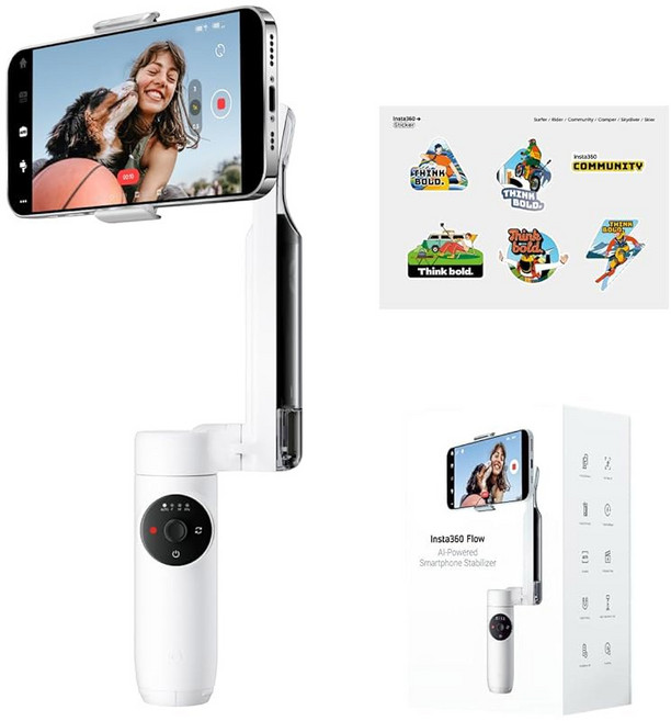 스마트폰용 Insta360 플로우 짐벌 안정기 AI 기반 짐벌 3축 안정화 내장 삼각대 휴대 및 접이식 자동 추적 휴대폰 안정기 비디오 녹화 스톤 그레이, 4 Summit White-Official Sticke