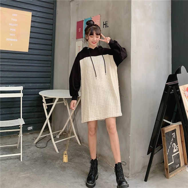 扉娜VINASHOP 寬鬆顯瘦連帽拼接格子連身裙, 黑杏色