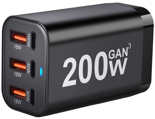 200W GAN³充電器 支援100W/30W/18W, TYPE-C黑色, 1個