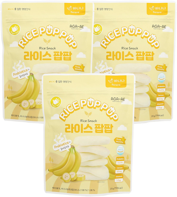 라이스팝팝 유기농 쌀과자 떡뻥, 3개, 20g, 바나나