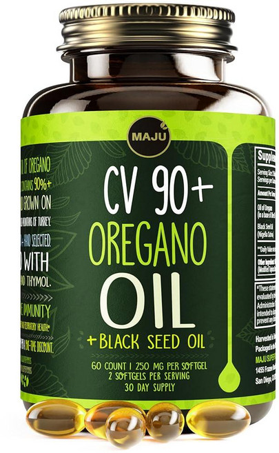 Maju Superfoods 블랙 씨드 오일 캡슐이 함유된 오레가노 오일 2-in-1 소프트젤 강력한 90% + 카바크롤 하이 티모퀴논 60개 1회 제공량당 500mg, 60개 (1팩), 1개, 60정