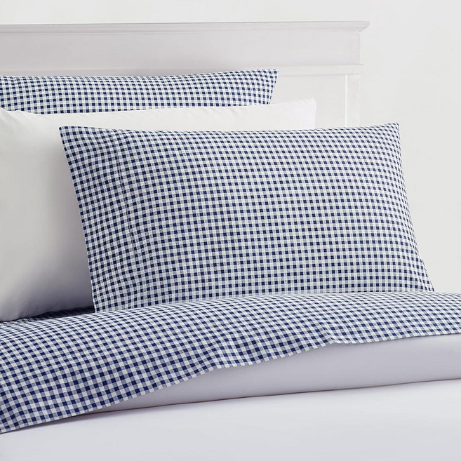 Laurel & Mayfair 클래식 250tc 100% 면 깅엄 체크 무늬 프린트 시트 세트 시원하고 선명한 퍼케일 직조 풀 네이비 109373