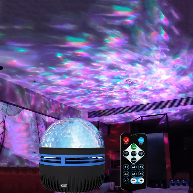 動態水波紋星空燈 聲控氣氛燈 臥室客廳裝飾夜燈, RGB水波紋（配遙控器）