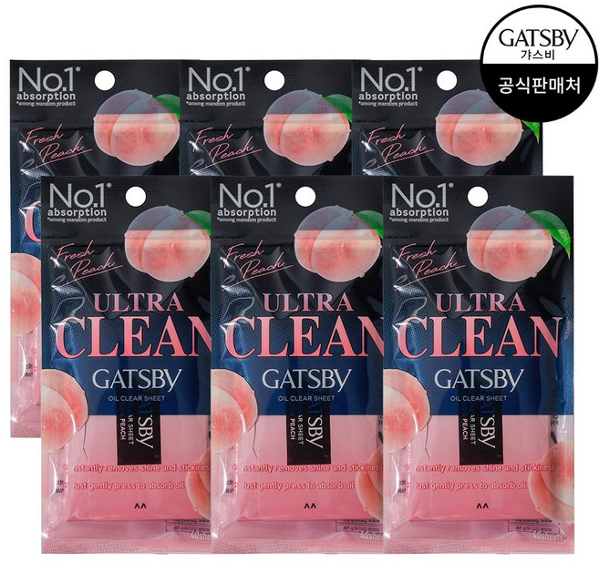 [3+3] GATSBY 갸스비 기름종이 필름 타입 오일크리어 핑크 복숭아향 피치 40매, 1개, 6매입