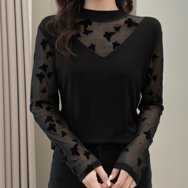 나비 메쉬 바느질베이스 셔츠 여성용 긴팔 봄 새 티셔츠 플러스 사이즈 셔츠 탑