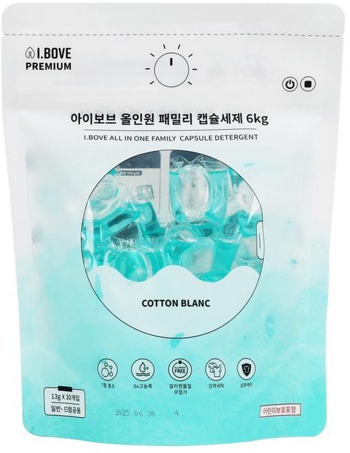 아이보브 프리미엄 코튼블랑 올인원 패밀리 캡슐세제, 30개입, 1개