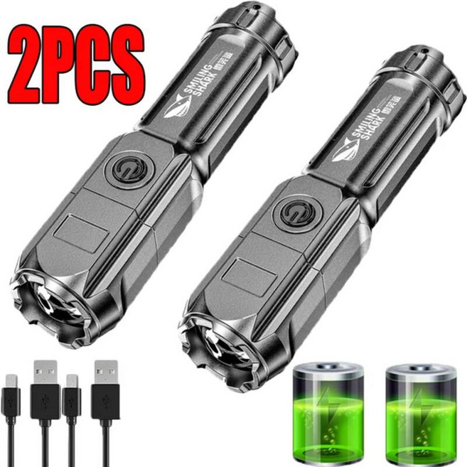 강력한 LED 손전등 100000 루멘 전술 손전등 충전식 USB 18650 방수 줌 낚시 사냥 LED 손전등, Silvery-2pcs, 01 2PCS