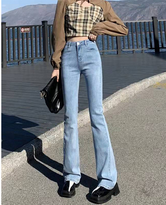 牛仔喇叭褲 高腰顯瘦開叉長褲