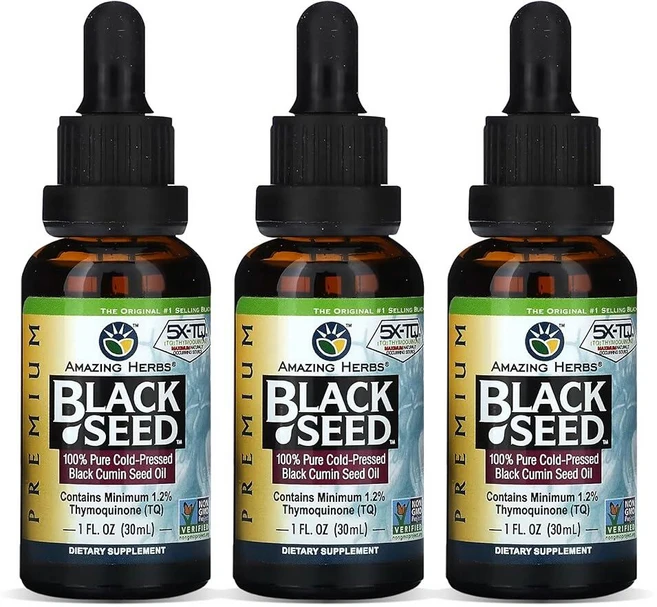 Amazing Herbs 프리미엄 블랙 씨드 오일 - 글루텐 프리 GMO 냉압착 나이젤라 사티바 소화 건강 면역 지원 뇌 기능 29.6ml(1액량 온스) (3팩), 30ml - 쿠팡