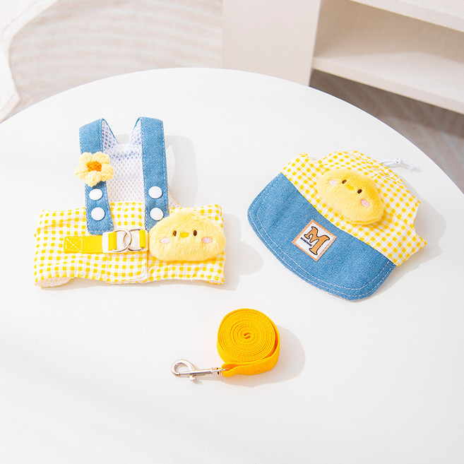 유키고고 반려동물 포테이토 병아리 체크 나시 티 모자 세트, 1세트, 옐로우