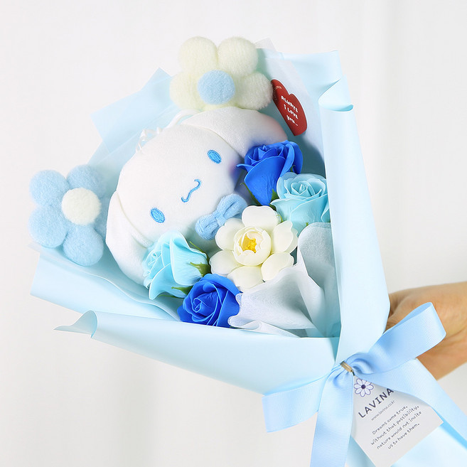 산리오 비누꽃 인형꽃다발 + 쇼핑백 세트, 시나모롤 블루, 1개