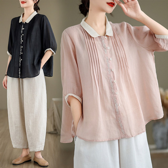 COSYEVNO 여성 풍금 주름 셔츠 중장년 엄마옷 중국풍 자수 루즈핏 빅사이즈 상의