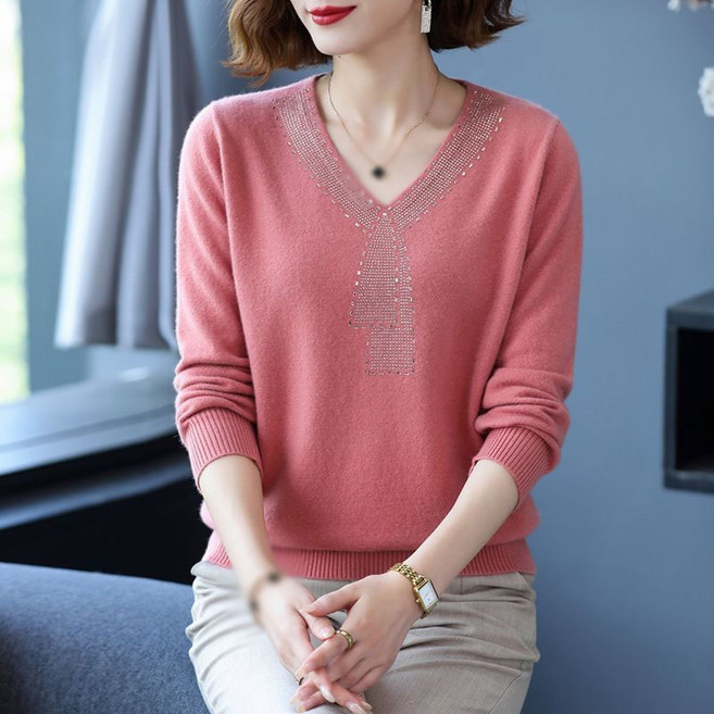 AOKADA 중년 여성 봄 가을 큐빅 반짝이 브이넥 니트 스웨터 루즈핏 긴팔 니트티