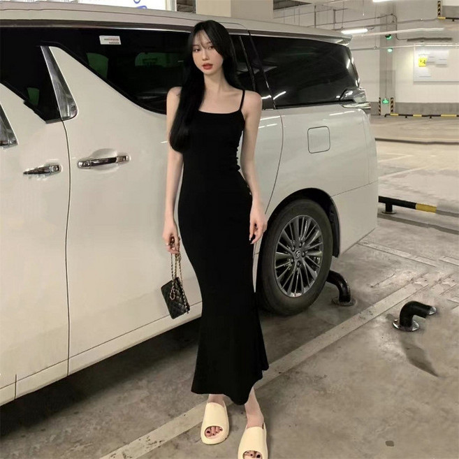 2025甜辣妹無袖收腰露背吊帶連衣裙女夏季純欲氣質魚尾包臀裙