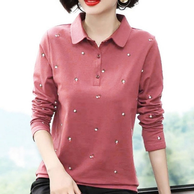 엘바리스 중년 여성 데일리 슬림핏 카라 패턴 긴팔 티셔츠