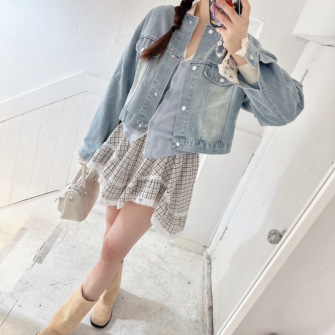 소매 레이스 포인트 라운드 데님 자켓