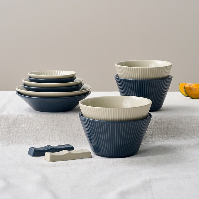 모던하우스 플레어 2인조 홈세트 12P 네이비크림-CA3226001, 1개, 네이비&크림, 공기 대접 중찬기 소찬기 종지 수저받침