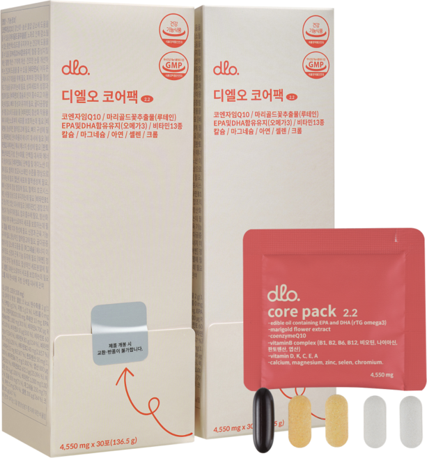 디엘오 코어팩 21종 한포 올인원 종합 비타민 영양제 오메가3 루테인 코큐텐 칼슘 마그네슘 비타민B K A D E C 엽산 비오틴 아연 셀렌 크롬 등, 30회분, 2박스