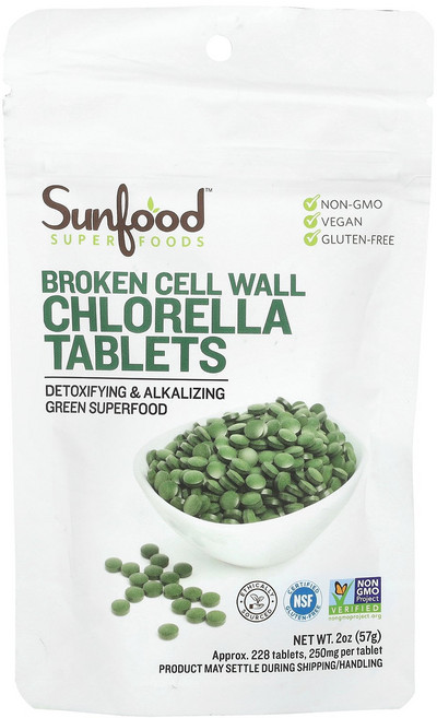 Sunfood 손상된 세포벽 클로렐라 정제 250mg 약 25mg 228정 57g(2oz) Sunfood (썬푸드), 228 개, 1개
