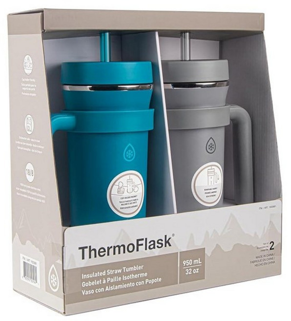ThermoFlask 프리미엄 품질 이중벽 단열 스테인리스 스틸 텀블러 손잡이 및 빨대 뚜껑 포함 946.4ml(32온스) 2팩 크리스탈 틸/서큘러 그레이 380899, Crystal Teal / Circular Grey
