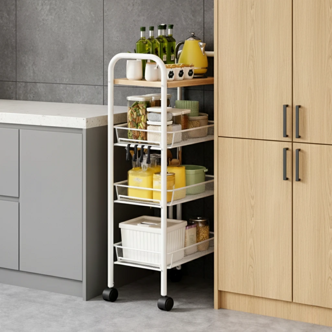 라온프리 다용도 이동식 틈새수납장, 4단, 우드