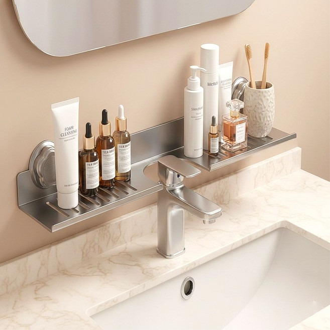 벨시온 모던 디자인 물빠짐 무타공 흡착 세면대 선반, 1개, 다크 그레이