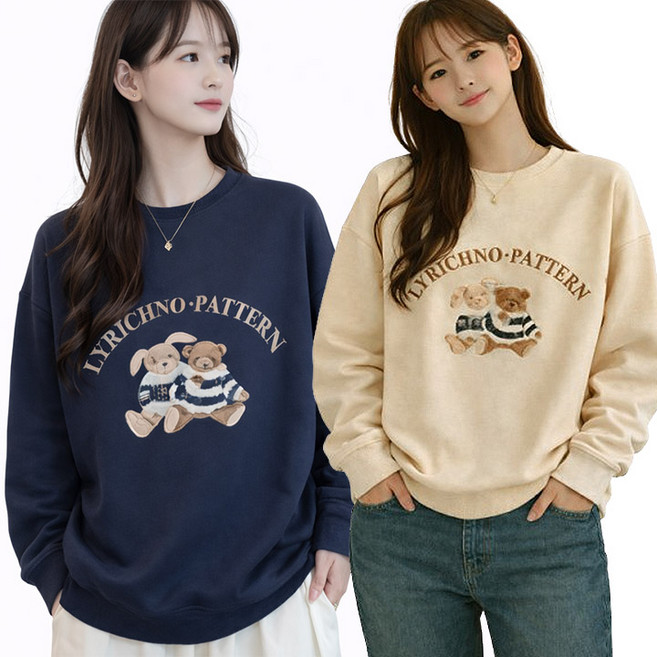 후쿠호 1+1 여성용 리리크노 맨투맨 기본핏 데일리 캐주얼 티셔츠