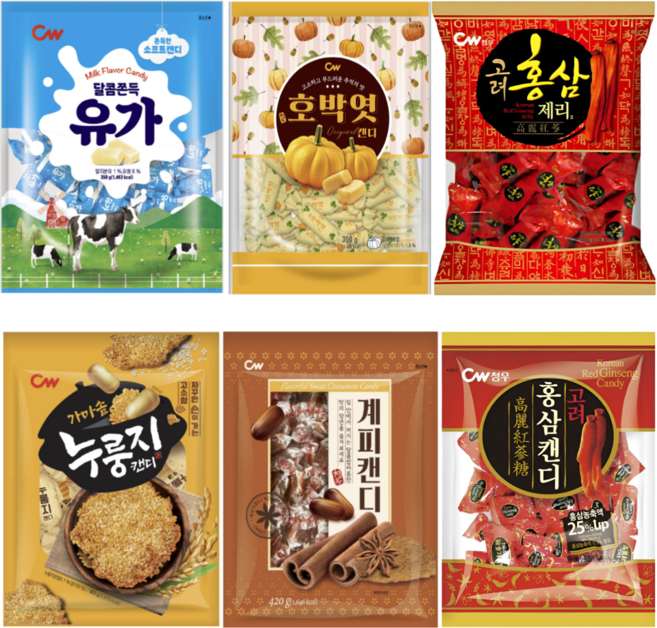 청우 사탕 모음 유가350g+호박엿350g+누룽지420g+홍삼300g+홍삼제리350g+계피사탕420g 6종, 1세트, 2.19kg
