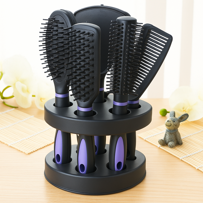 두작 빗 5종 세트 헤어 브러쉬 거울 포함 거치대, 퍼플, 1개