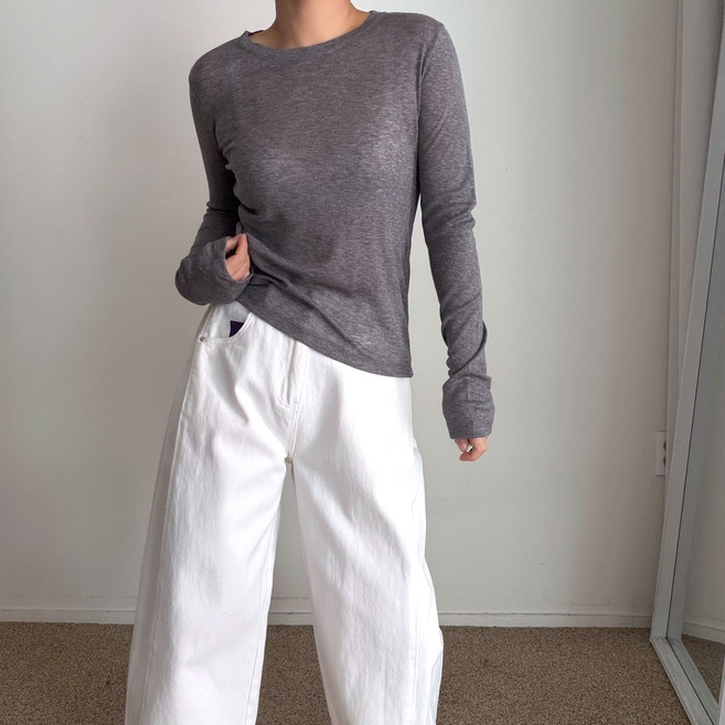 에이치스 미니멀룩 레이어드템 시스루 텐셀 세미슬림핏 라운드넥 긴팔티