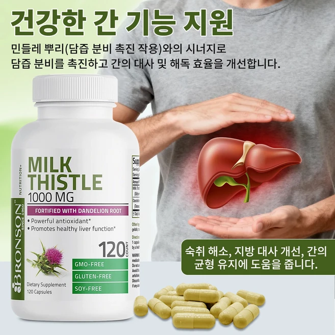 간 건강 밀크씨슬 캡슐 해독과 배독 효과 간 기능 개선 간 건강을 지키는 자연 유래 성분 자연 성분, 1개, 120회분 - 쿠팡