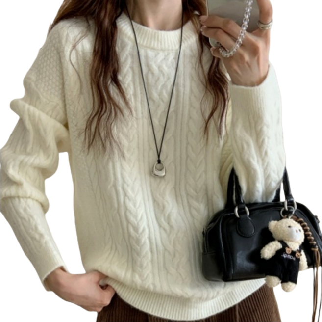 Makone 여성 겨울 라운드넥 꽈베기 캐주얼 솔리드 심플 스웨터