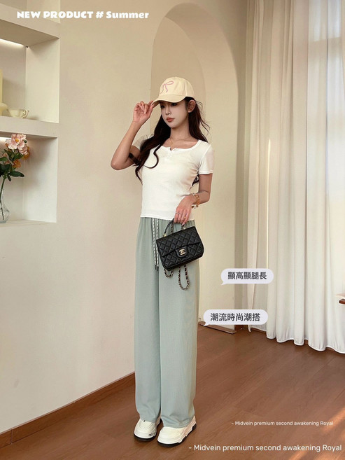 冰糖格闊腿褲女2026春季新款高腰顯瘦垂感長褲寬鬆小個子直筒褲子