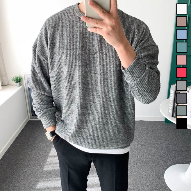 남자 봄 맨투맨 오버핏 골지 스판 니트 티셔츠
